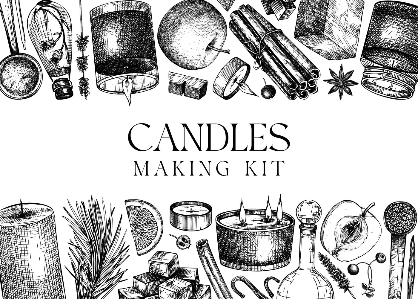 Hand sketched candles ingredients banner. Vintage candles, herbs, wax, fruits, spices, skewers hand drawings background. Perfect for aromatherapy, hobby, handcrafts, candle making. Illustration